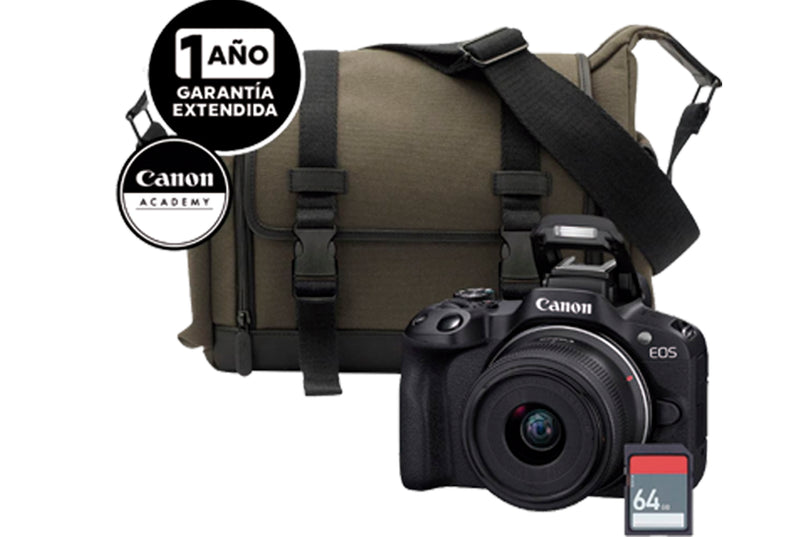 Kit EOS R50 RF-S 18-45mm IS STM+Maleta CB-MS12-GR+ 64GB SD Card+Online Curso ABC Vlogger+Garantía Extendida6GB y  Estuche 200ES